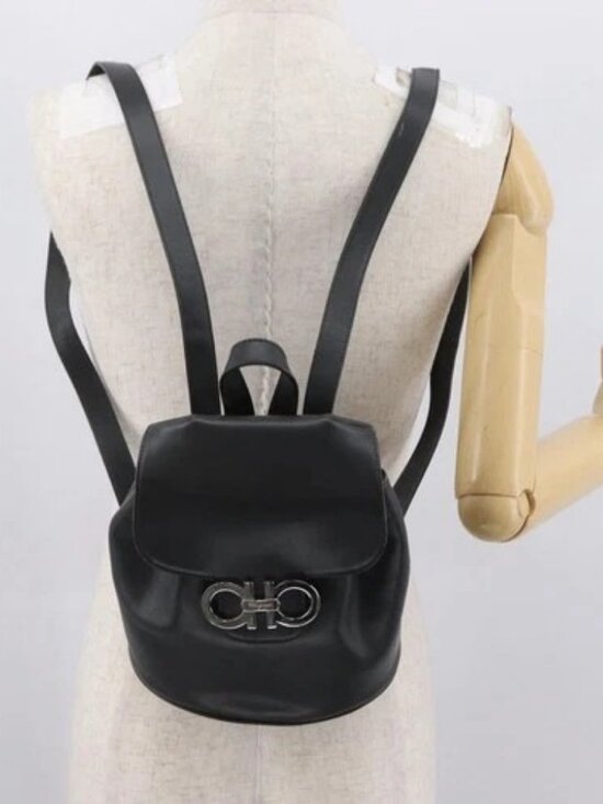 Salvatore Ferragamo Gancini Backpack Leather Black Silver Auth BA9687 main image 16